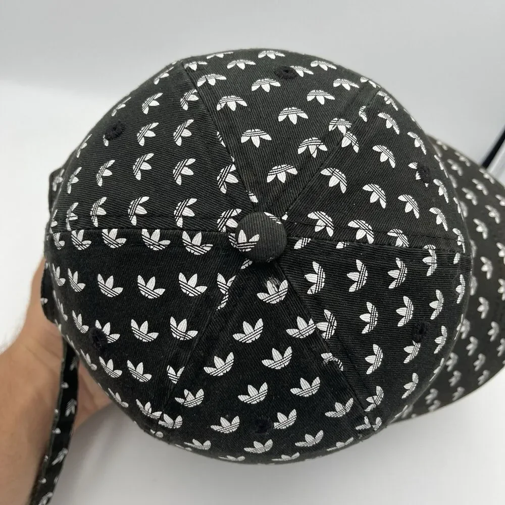 Adidas Trefoil Logo All Over Print Strapback Hat Black White OSFM Adjustable Cap